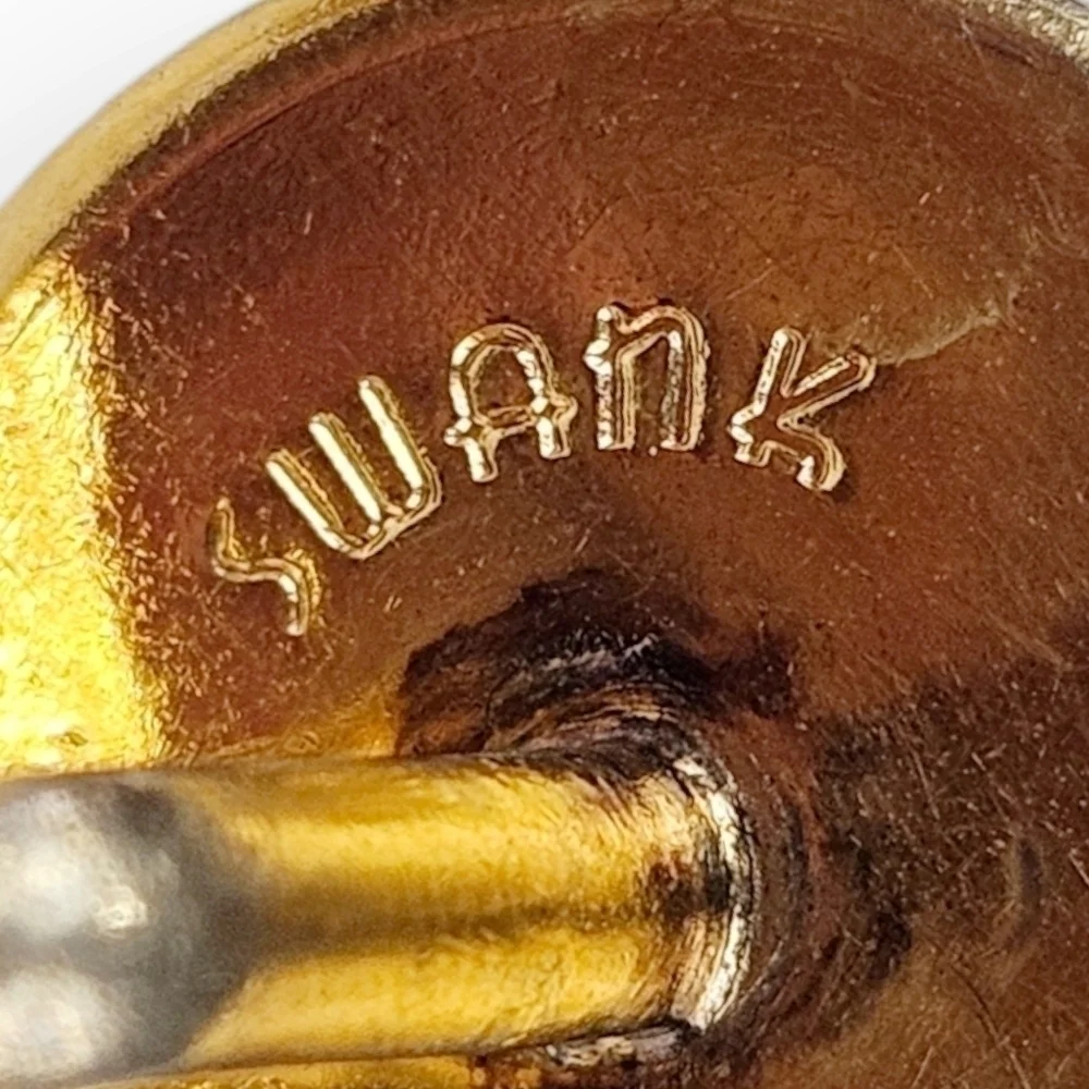 Swank Cufflinks Tie Bar Set Red Moonglow Lucite Cabochon Gold Plated Vintage 60s